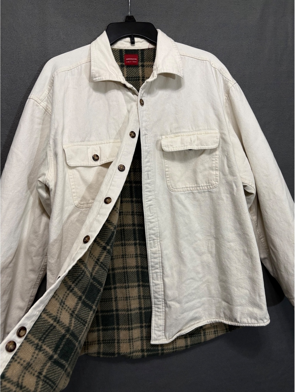 Vtg Arrow USA 1851 Flannel Jacket Cream Canvas Shacket XL